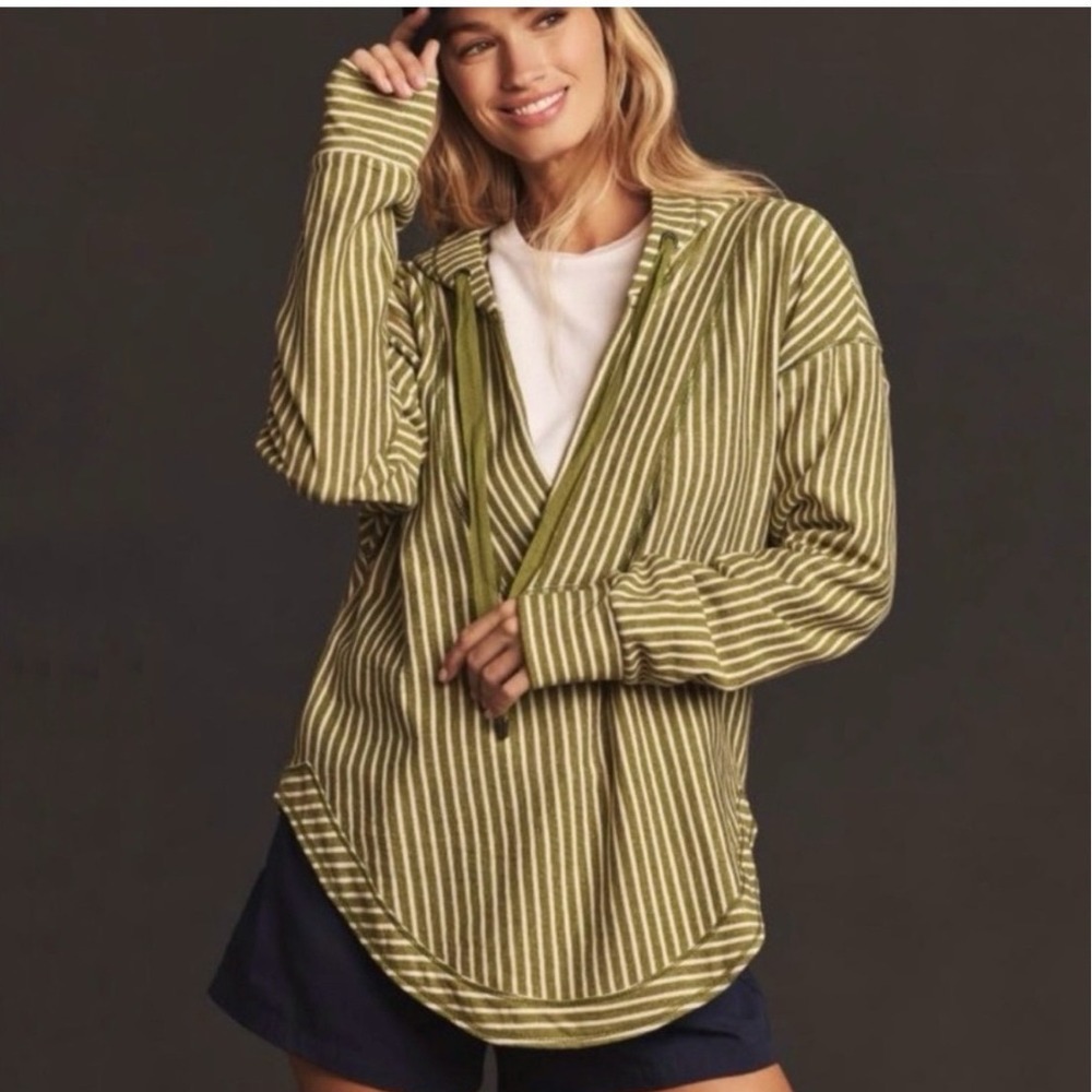Pilcro Anthropologie Wharfside Hooded Sweatshirt Striped Green White High Low SP